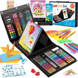 art supplies, 272 pack art set drawing kit for girls boys teens artist, deluxe gift art box with trifold easel, origami paper, coloring book, drawing pad, pastels, crayons, pencils, watercolors(black)
