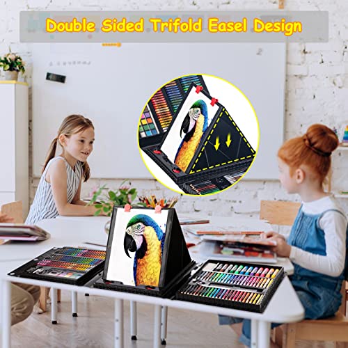 Art Supplies, 272 Pack Art Set Drawing Kit for Girls Boys Teens Artist, Deluxe Gift Art Box with Trifold Easel, Origami Paper, Coloring Book, Drawing Pad, Pastels, Crayons, Pencils, Watercolors(Black)