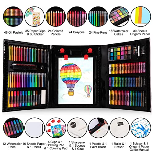 Art Supplies, 272 Pack Art Set Drawing Kit for Girls Boys Teens Artist, Deluxe Gift Art Box with Trifold Easel, Origami Paper, Coloring Book, Drawing Pad, Pastels, Crayons, Pencils, Watercolors(Black)