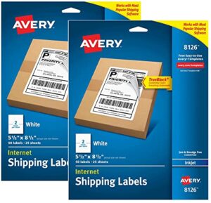 avery printable shipping labels, 5.5″ x 8.5″, white, 50 per pack, 2 packs, 100 blank mailing labels (8126)