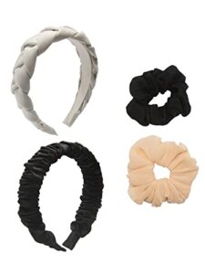 black diamond headbands and hair scrunchies premium 4 piece set. white faux suede braided headband, black ruched velvet headband and 2 large ribbed black and pleated off-white light buff scrunchies. strong hold, elastic hair scrunchies elegant headband fo