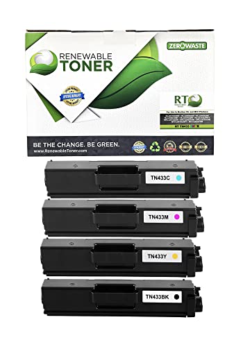 Renewable Toner Compatible Toner Cartridge Replacement for Brother TN433 TN433C TN433M TN433Y TN433BK HL and MFC Multifunction HL-L8260 HL-L8360 HL-L9310 MFC-L8610 MFC-L8900 (Pack of 4 CMYK)