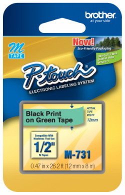 1/2" (12mm) Black on Green P-Touch M Tape for Brother PT-90, PT90 Label Maker