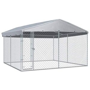 vidaxl outdoor dog kennel with roof lockable mesh sidewalls heavy duty garden backyard pet cage 150.4″x150.4″x88.6″ galvanized steel