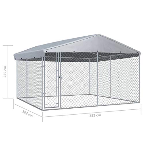 vidaXL Outdoor Dog Kennel with Roof Lockable Mesh Sidewalls Heavy Duty Garden Backyard Pet Cage 150.4"x150.4"x88.6" Galvanized Steel