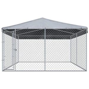 vidaXL Outdoor Dog Kennel with Roof Lockable Mesh Sidewalls Heavy Duty Garden Backyard Pet Cage 150.4"x150.4"x88.6" Galvanized Steel