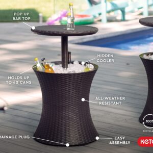 Keter Outdoor Patio Furniture and Hot Tub Side Table with 7.5 Gallon Beer and Wine Cooler, Brown