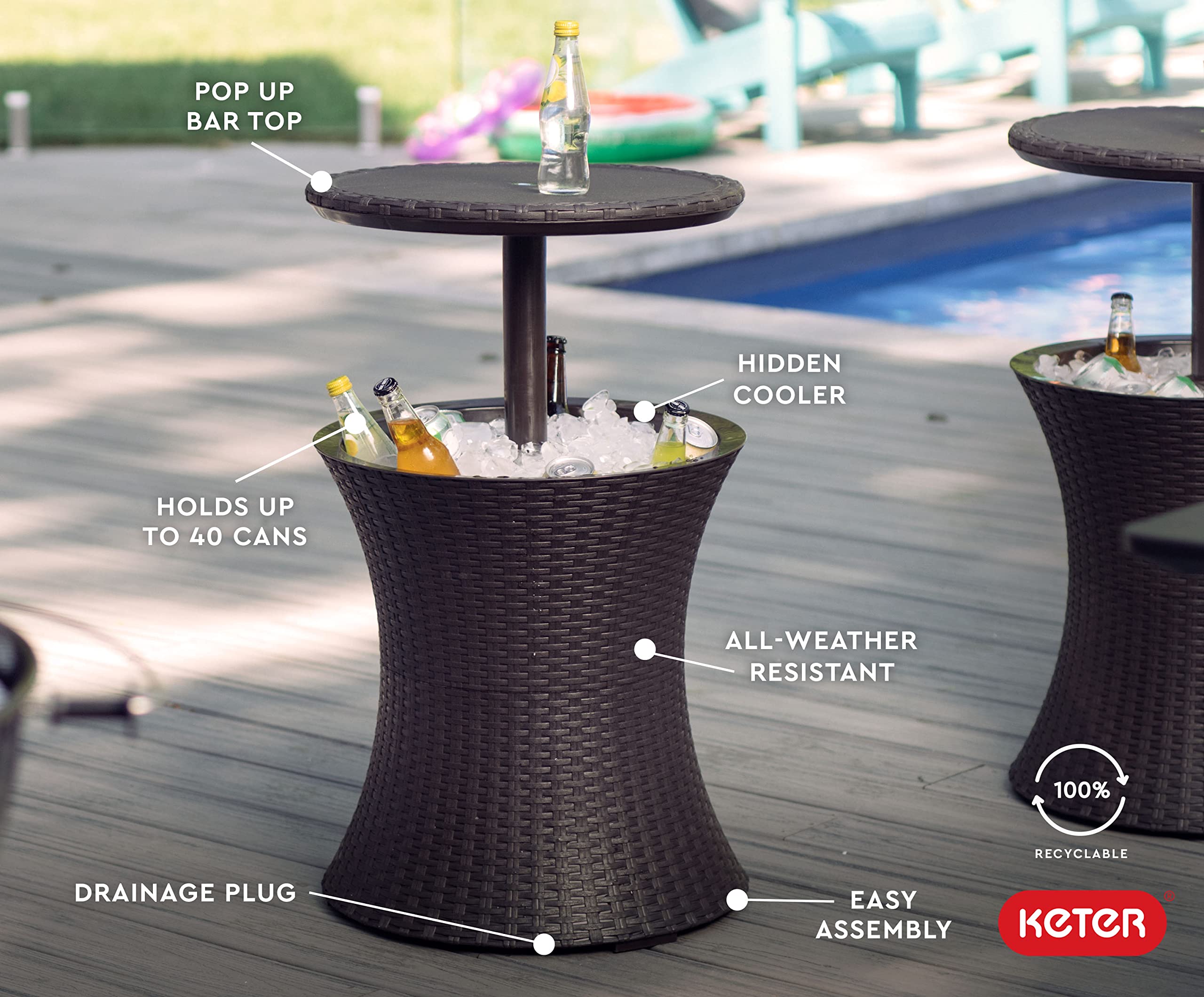 Keter Outdoor Patio Furniture and Hot Tub Side Table with 7.5 Gallon Beer and Wine Cooler, Brown
