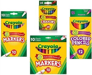 crayola crayons (24 count), crayola colored pencils in assorted colors (12 count), crayola (10ct) classic fine line markers, and crayola (10ct) classic broad line markers holiday bundle