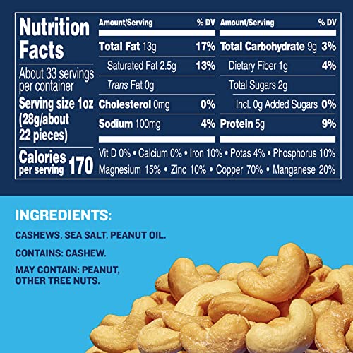 PLANTERS Deluxe Salted Whole Cashews, Party Snacks, Plant-Based Protein 33oz (1 Container)