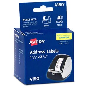avery multi-purpose labels for label printers, 1.125 x 3.5 inches, white, two rolls of 130 (04150), 1 1/8″ x 3 1/2″