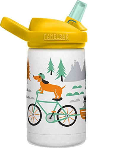 CamelBak Eddy+ Kids 12 oz Bottle, Insulated Stainless Steel with Straw Cap - Leak Proof When Closed,Biking Dogs & CamelBak eddy Kids Bite Valves, 4-Pack