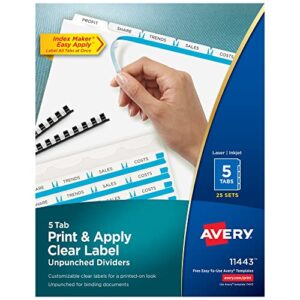avery 5 tab unpunched dividers for use with any binding system, easy print & apply clear label strip, index maker customizable white tabs, 25 sets (11443)