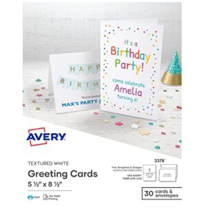 avery printable greeting cards, half-fold, 5.5″ x 8.5″, textured white, 30 blank cards with envelopes (3378)