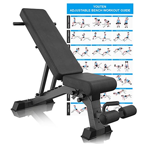 YOUTEN 1000 LB Weight Bench Heavy Capacity | 9-4-4 Almost 90° Adjustable Incline Decline Exercise Bench Press for Home Gym More Stable and Durable | Foldable Training Lifting Bench | Dragon Flag Handle for Abdominal Arm Workout