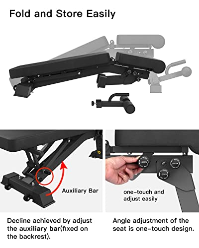 YOUTEN 1000 LB Weight Bench Heavy Capacity | 9-4-4 Almost 90° Adjustable Incline Decline Exercise Bench Press for Home Gym More Stable and Durable | Foldable Training Lifting Bench | Dragon Flag Handle for Abdominal Arm Workout