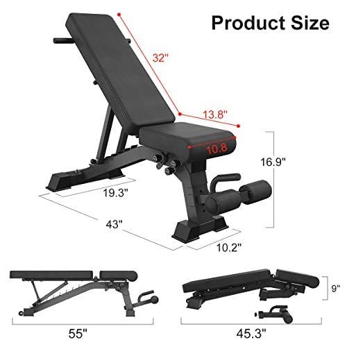 YOUTEN 1000 LB Weight Bench Heavy Capacity | 9-4-4 Almost 90° Adjustable Incline Decline Exercise Bench Press for Home Gym More Stable and Durable | Foldable Training Lifting Bench | Dragon Flag Handle for Abdominal Arm Workout