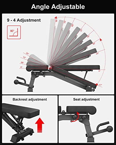 YOUTEN 1000 LB Weight Bench Heavy Capacity | 9-4-4 Almost 90° Adjustable Incline Decline Exercise Bench Press for Home Gym More Stable and Durable | Foldable Training Lifting Bench | Dragon Flag Handle for Abdominal Arm Workout