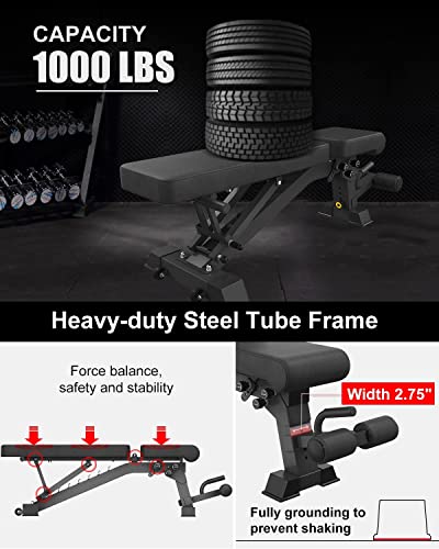 YOUTEN 1000 LB Weight Bench Heavy Capacity | 9-4-4 Almost 90° Adjustable Incline Decline Exercise Bench Press for Home Gym More Stable and Durable | Foldable Training Lifting Bench | Dragon Flag Handle for Abdominal Arm Workout