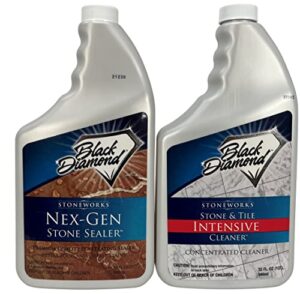 black diamond stoneworks nex-gen natural stone penetrating sealer: seals & protects; granite, marble, travertine, limestone and grout. 1-quart and stone & tile intensive cleaner 1-quart