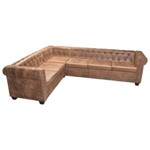 vidaxl chesterfield corner sofa 6-seater home living room sofa loveseat chaise longue faux leather brown