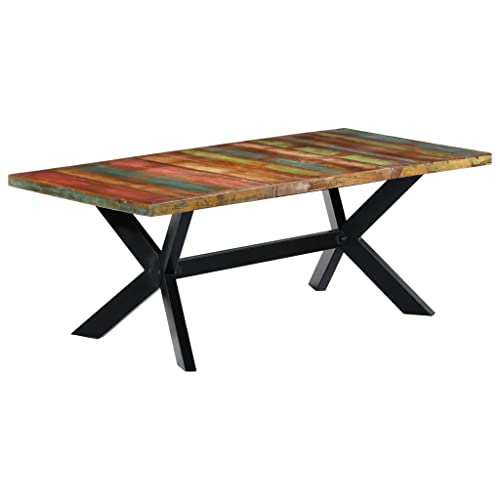 vidaXL Dining Table Home Indoor Dining Room Kitchen Polished Painted Wooden Dinner Dining Table Furniture Solid Reclaimed Wood and Steel Cross