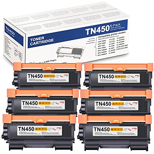 TonerPlusUSA Compatible TN450 Toner Cartridge Replacement for Brother TN450 TN-450 Black, High Yield [6 Pack]