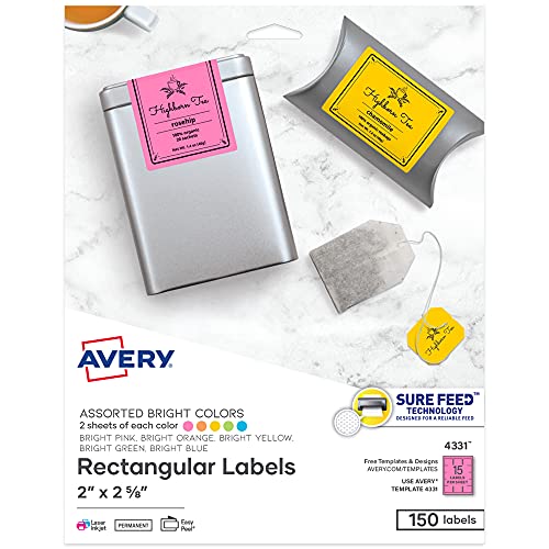 Avery Labels with Sure Feed, Assorted Bright Colors, 2" x 2-5/8", Laser/Inkjet, 150 Labels (4331)