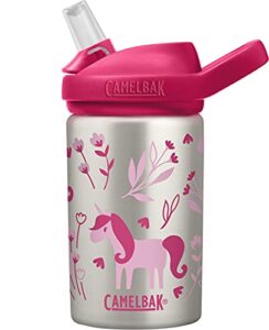 camelbak eddy+ kids water bottle, stainless steel with straw cap, 14 oz, unicorn & blooms – spill-proof when open, leak-proof when closed, model number: 2305104040
