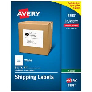 avery printable shipping labels for copiers, 8.5″ x 11″, white, 100 blank mailing labels (5353)