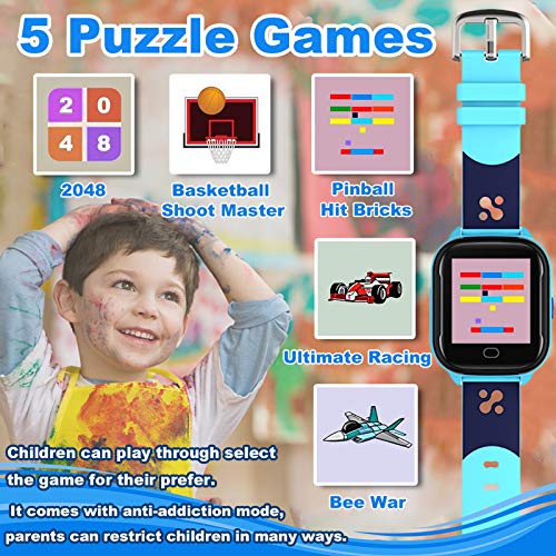 LULUDDM Kids Smart Watch Phone - IP67 Waterproof Smartwatch Boys Girls with Touch Screen 5 Games Camera Alarm SOS Call - Phone Watch Digital Wrist Watch for 3-13 Years Children Birthday Gift (Blue)