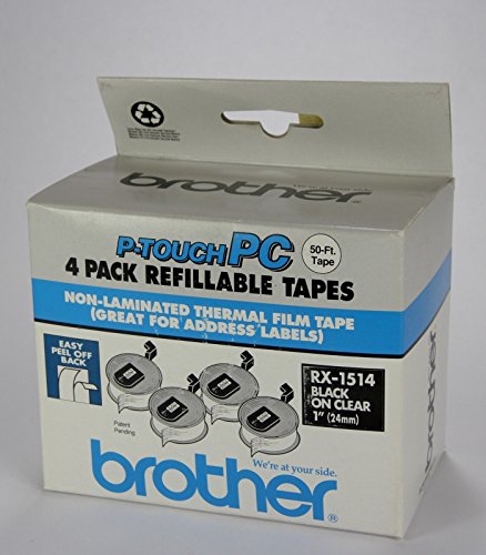 Brother P-Touch PC Non-Laminated Thermal Film Tape, 1" Black on Clear, RX-1514 (4 Pack)