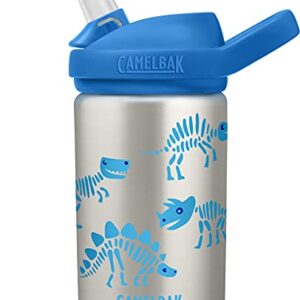 CamelBak Eddy+ Kids Water Bottle, Stainless Steel with Straw Cap, 14 oz, Dino Bones - Spill-Proof When Open, Leak-Proof When Closed