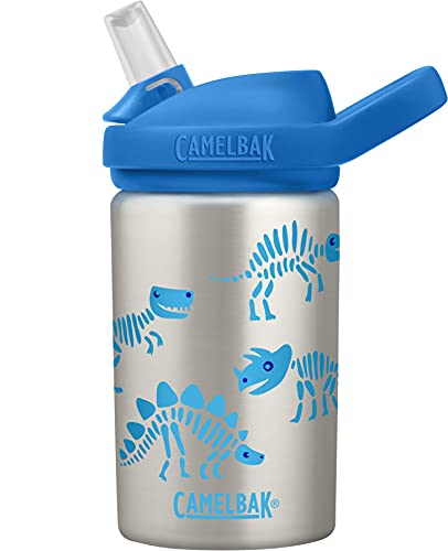 CamelBak Eddy+ Kids Water Bottle, Stainless Steel with Straw Cap, 14 oz, Dino Bones - Spill-Proof When Open, Leak-Proof When Closed