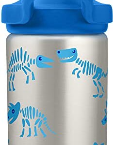 CamelBak Eddy+ Kids Water Bottle, Stainless Steel with Straw Cap, 14 oz, Dino Bones - Spill-Proof When Open, Leak-Proof When Closed