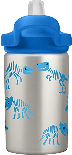 CamelBak Eddy+ Kids Water Bottle, Stainless Steel with Straw Cap, 14 oz, Dino Bones - Spill-Proof When Open, Leak-Proof When Closed