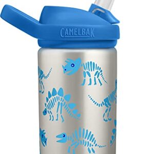 CamelBak Eddy+ Kids Water Bottle, Stainless Steel with Straw Cap, 14 oz, Dino Bones - Spill-Proof When Open, Leak-Proof When Closed