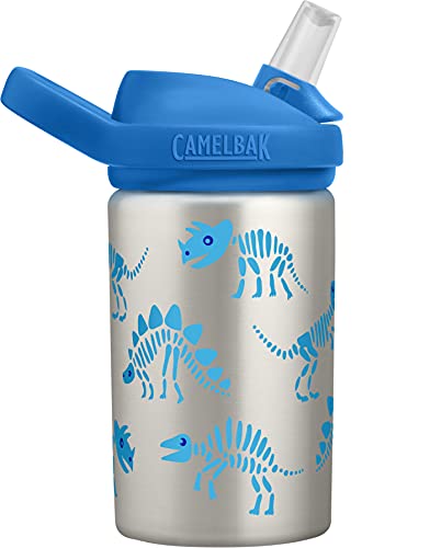 CamelBak Eddy+ Kids Water Bottle, Stainless Steel with Straw Cap, 14 oz, Dino Bones - Spill-Proof When Open, Leak-Proof When Closed