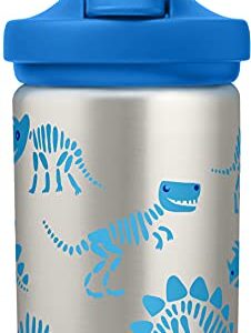 CamelBak Eddy+ Kids Water Bottle, Stainless Steel with Straw Cap, 14 oz, Dino Bones - Spill-Proof When Open, Leak-Proof When Closed