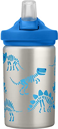 CamelBak Eddy+ Kids Water Bottle, Stainless Steel with Straw Cap, 14 oz, Dino Bones - Spill-Proof When Open, Leak-Proof When Closed