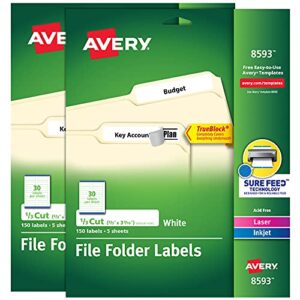 avery file folder labels with trueblock technology, permanent adhesive, 2/3″ x 3-7/16″, laser/inkjet, 2-pack, 300 labels total (28593)