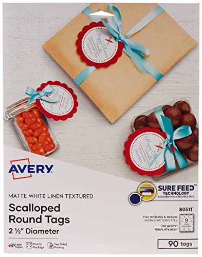 Avery Printable Blank Scallop Round Gift Tags with Sure Feed, 2.5" Diameter, Textured White, 90 Customizable Tags (80511)