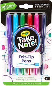 crayola take note felt tip pens, assorted colors, school supplies, at home crafts for kids, 6 count