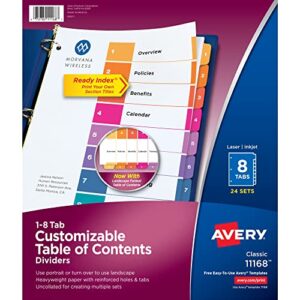avery 8-tab dividers for 3 ring binders, customizable table of contents, multicolor tabs, 24 sets (11168)