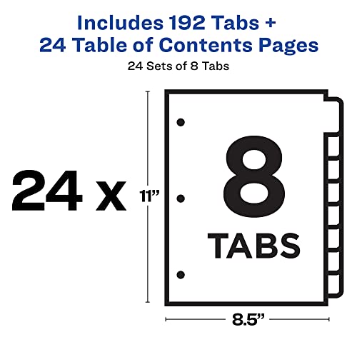 Avery 8-Tab Dividers for 3 Ring Binders, Customizable Table of Contents, Multicolor Tabs, 24 Sets (11168)