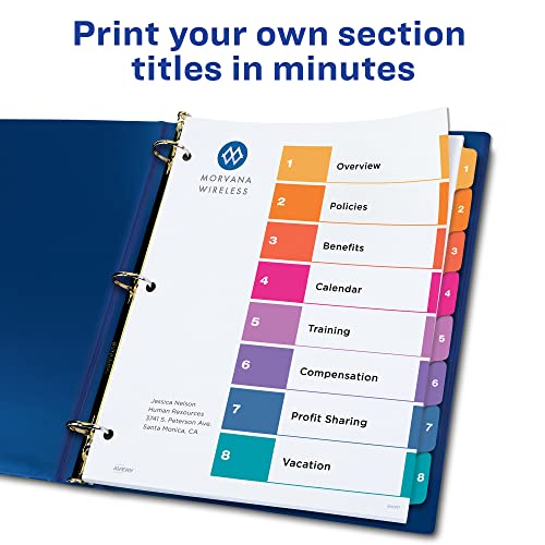 Avery 8-Tab Dividers for 3 Ring Binders, Customizable Table of Contents, Multicolor Tabs, 24 Sets (11168)