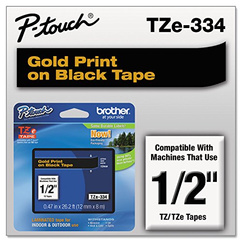 Brother Tze334 Tze Standard Adhesive Laminated Labeling Tape, 1/2-Inch W, Gold On Black