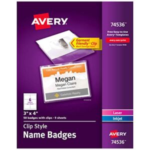 avery clip name tags, print or write, 3″ x 4″, 50 inserts & badge holders with clips (74536)