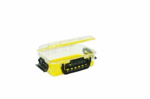 plano guide series 3700 field box waterproof case, blue, large, waterproof dry box with wrist strap for boat, kayak, and camping, outdoor gear storage, clear/yellow