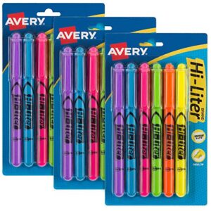 avery hi-liter pen-style highlighters, chisel tip, 6 highlighters, assorted colors, 3 packs (25602)